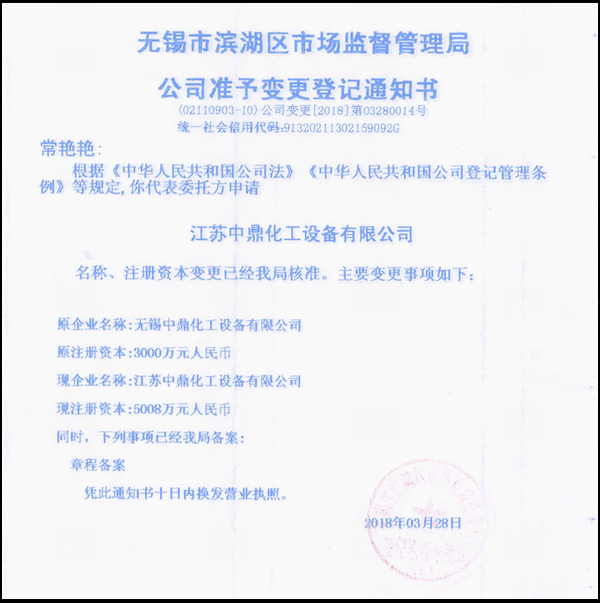江蘇中鼎化工設(shè)備有限公司變更名稱：（原：無(wú)錫中鼎化工設(shè)備有限公司）名稱已經(jīng)變更！